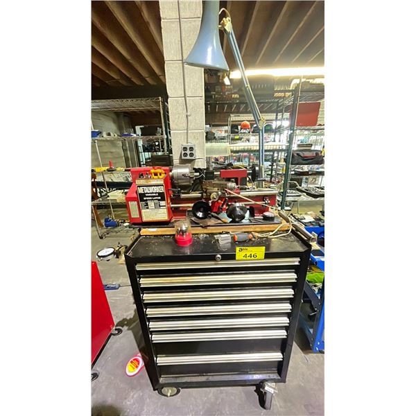 METALWORKER VARIABLE SPEED LATHE ON A 7 DRAWER BLACK TOOL BOX WITH CONTENTS