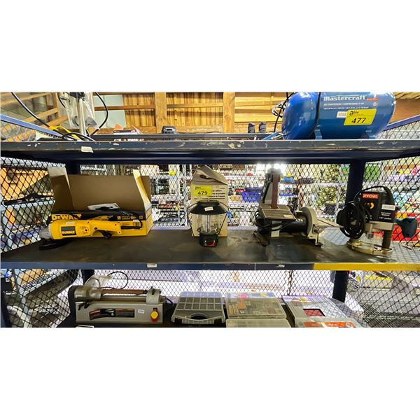 DEWALT ELECTRIC ANGLE GRINDER, RYOBI VARIABLE SPEED PLUNGE ROUTER, DELTA SHOP MASTER & COLEMAN