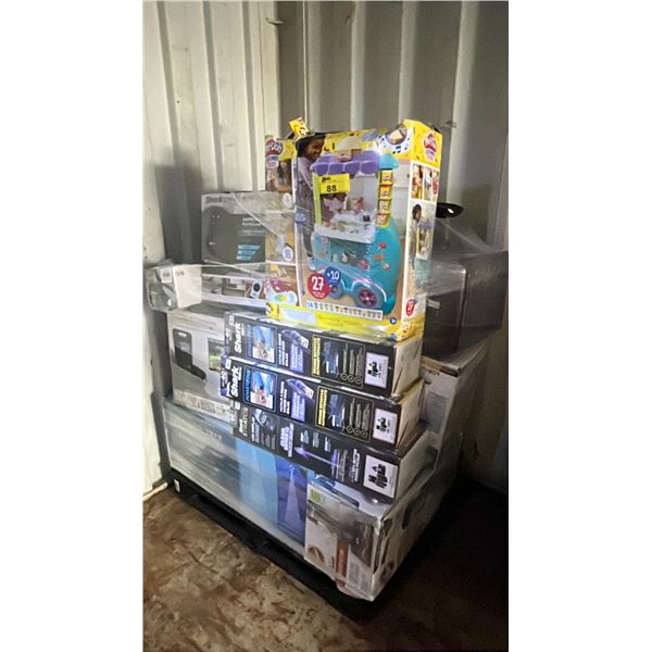 PALLET FILLED WITH - LED CONE TREE, ASSORTED SHARK VACUUMS, HOOVER VACUUM, PLAY DOH KITCHEN SET,
