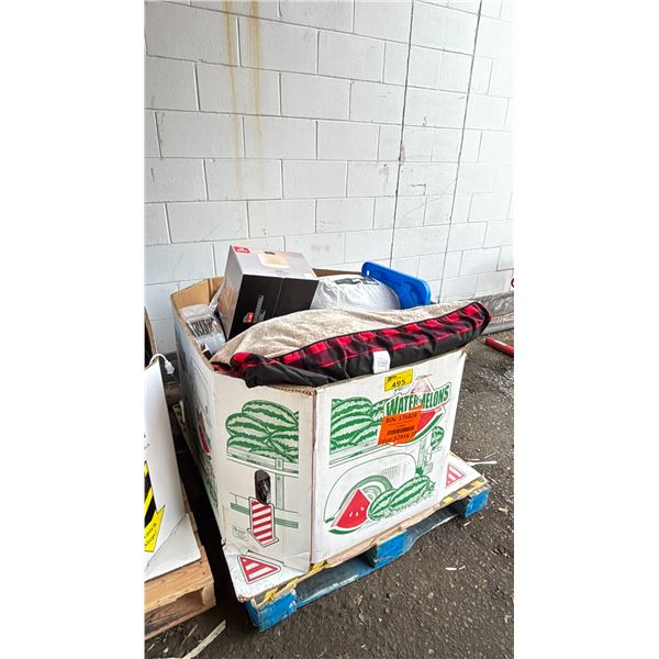 PALLET FILLED WITH DOG BED, BEDDING, FLUSH MOUNT LIGHT, TAKE OUT CONTAINERS & MORE *MUST TAKE ALL