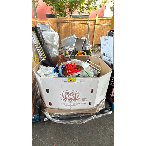 PALLET FILLED WITH SNOW INFLATABLES, GROUND COVER, CHILDRENS TOYS, TRAINING WHEELS, CAMP CHAIRS &