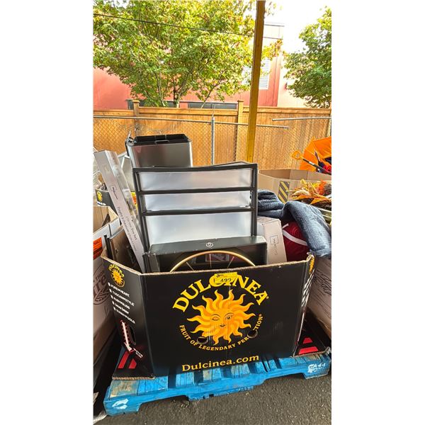 PALLET FILLED WITH THROW BLANKETS, PLASTIC ORGANIZER, WASTE RECEPTACLE, WALL CLOCK & MORE *MUST