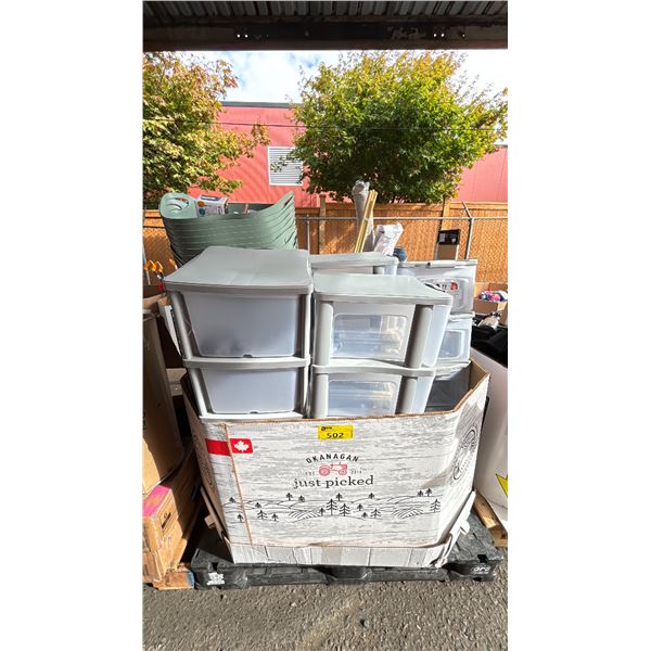 PALLET OF STORAGE BINS WITH LIDS, LAUNDRY BASKETS, THROW BLANKET, WALL CLOCK & MORE *MUST TAKE ALL