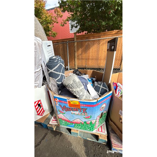 PALLET OF GARMENT RACK, CARPET, AREA RUG, DISHWARE, BRITA FILTER, BEDDING, FULL LENGTH MIRROR &