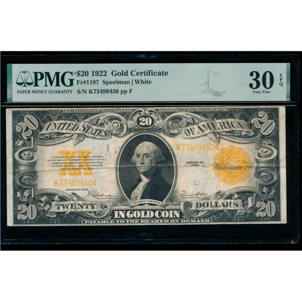 1922 $20 Gold Certificate PMG 30EPQ