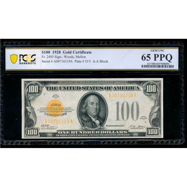 1928 $100 Gold Certificate PCGS 65PPQ