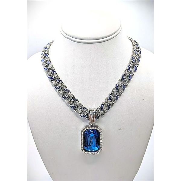 14 Kt White Gold Plate Simulated Tanzanite Pendant Necklace