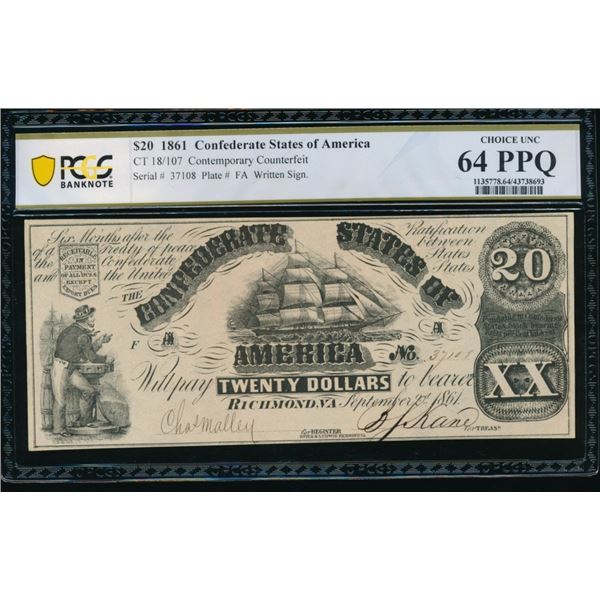 1861 $20 CT-18 Confederate PCGS 64PPQ