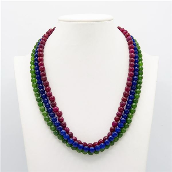 642.5 Cttw Natural Ruby, Emerald and Blue Sapphire Necklace