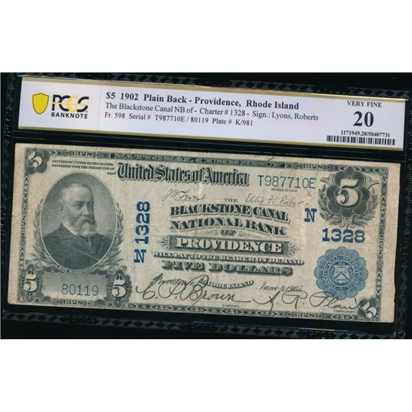 1902 $5 Providence RI National PCGS 20