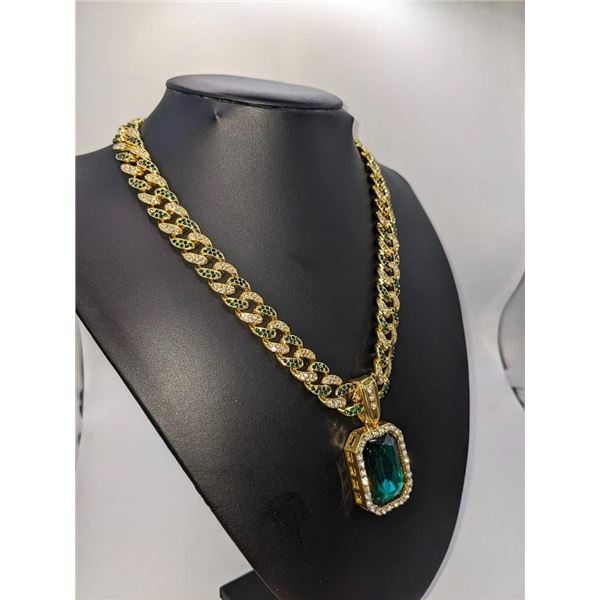 14 Kt Yellow Gold Plate Simulated Emerald Pendant Necklace