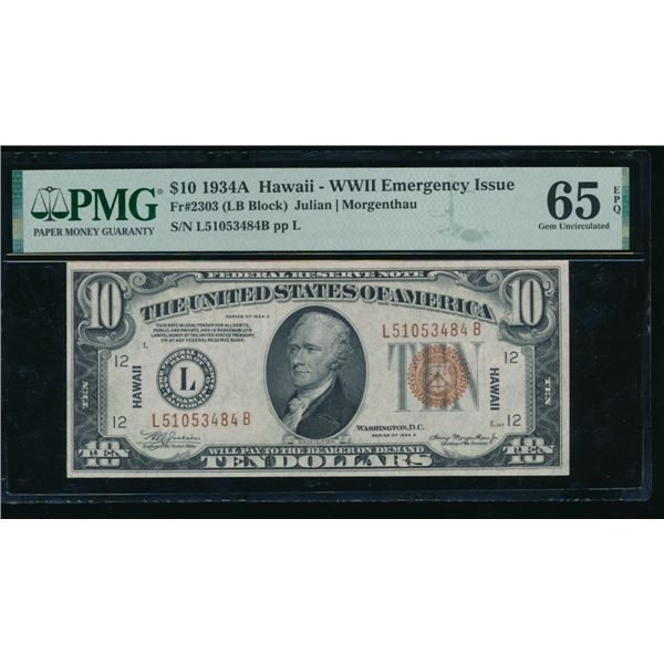 1934A $10 Hawaii FRN PMG 65EPQ