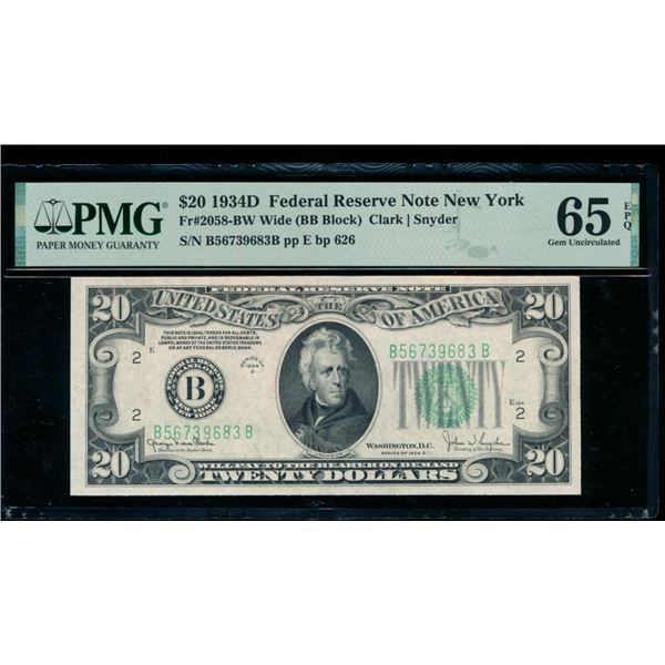 1934D $20 New York FRN PMG 65EPQ