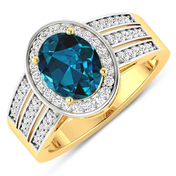 14KT Yellow Gold 1.9ctw London Blue Topaz and Diamond Ring