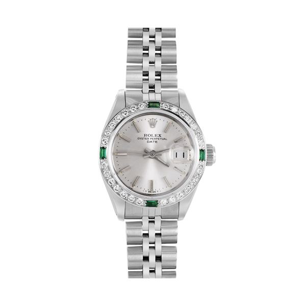 Rolex Ladies Stainless Steel Emerald And Diamond Bezel Date Watch