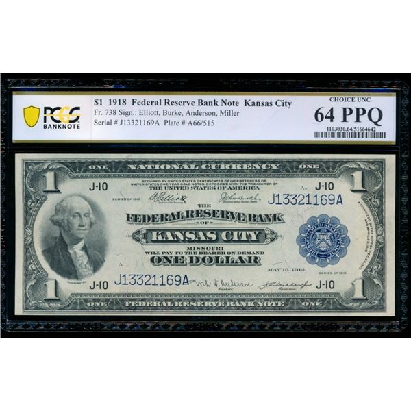 1918 $1 Kansas City FRBN PCGS 64PPQ