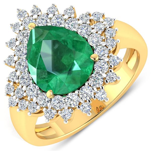 14KT Yellow Gold 2.85ctw Zambian Emerald and Diamond Ring