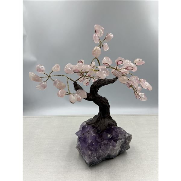 8 X 8 INCH  ROSE QUARTZ GEM CRYSTAL TREE WITH AMETHYST BASE HANDMADE