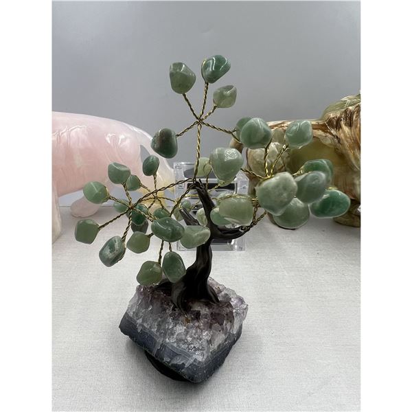 6.2 X 6  INCH GREEN AVENTURINE BONSAI TREE WITH AMETHYST BASE