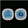 Image 3 : New 18k White Gold 5.61 ctw Cushion Cut Blue Zircon & Diamond Halo Stud Earrings