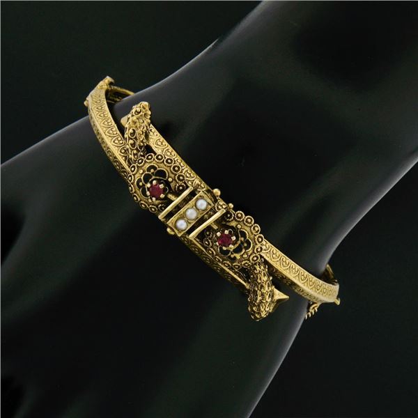 Victorian Revival 14k Gold Ruby Pearl Dual Snake Bypass Hinged Bangle Bracelet
