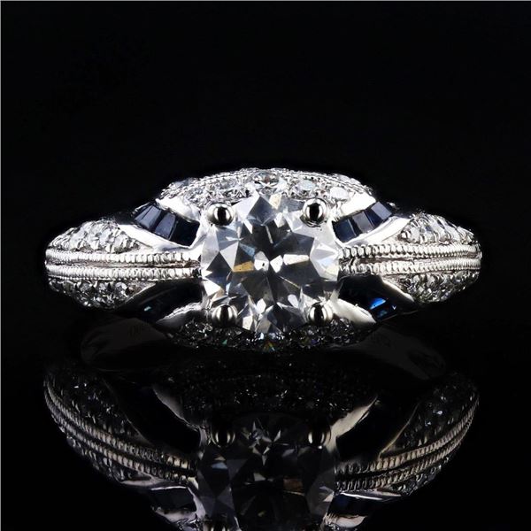1.04 ctw CENTER Diamond and 0.95 ctw Blue Sapphire Platinum Ring (1.48 ctw Diamo
