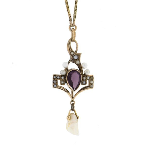 Antique 10K Gold Amethyst Seed Pearl Dangle Lavalier Pendant w/ 15" Wheat Chain