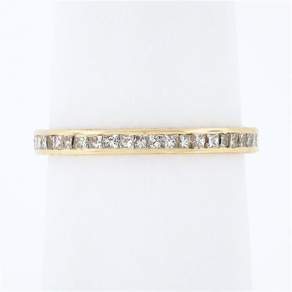 Vintage Yellow Gold Channel Princess Diamond Engraved Eternity Wedding Band Ring