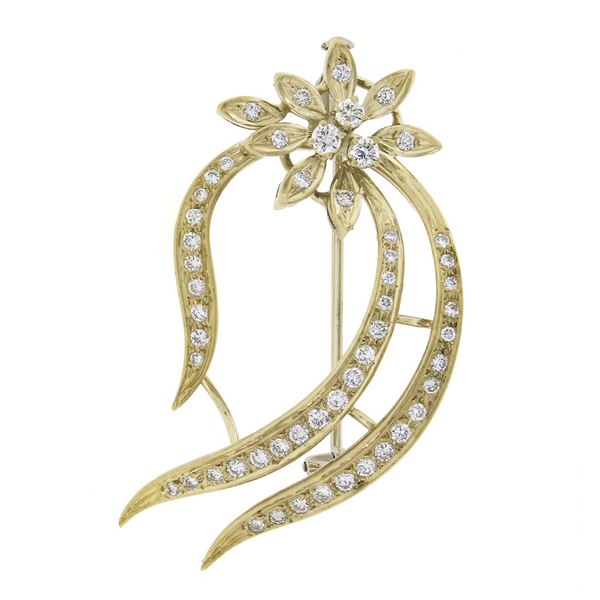 18k Yellow Gold 0.70 ctw Round Brilliant Cut Diamond Open Work Floral Pin Brooch