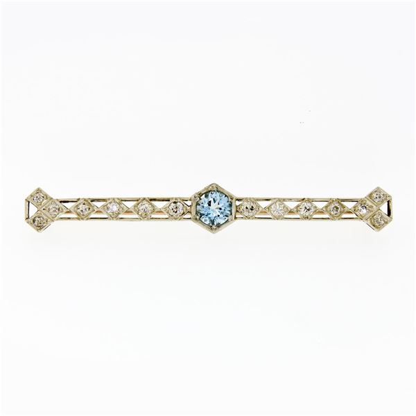 Antique Edwardian 14k Gold 2.28 ctw Round Aquamarine European Diamond Bar Brooch