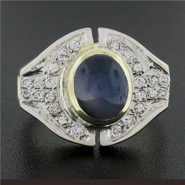 Vintage 14k TT Gold Cabochon Blue Star Sapphire w/ Round Diamond Cocktail Ring