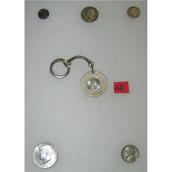 Collection of silver coins includes 1 with a key chain