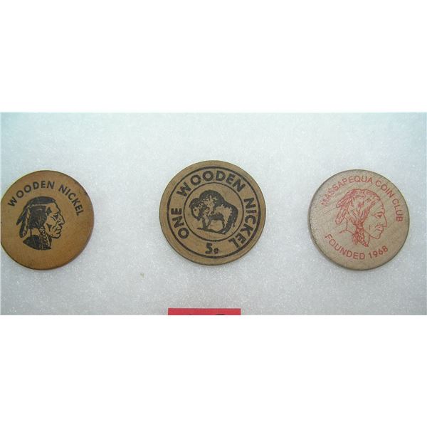 Group of 3 wood advertising nickels