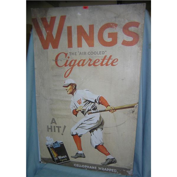 Large Wings cigarette baseball player themed retro style advertising sign mounted on masonite hard b