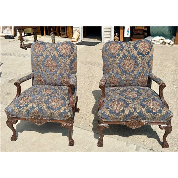 VINTAGE GEORGIAN STYLE CARVED MAHOGANY TAPESTRY ARMCHAIRS, PAIR