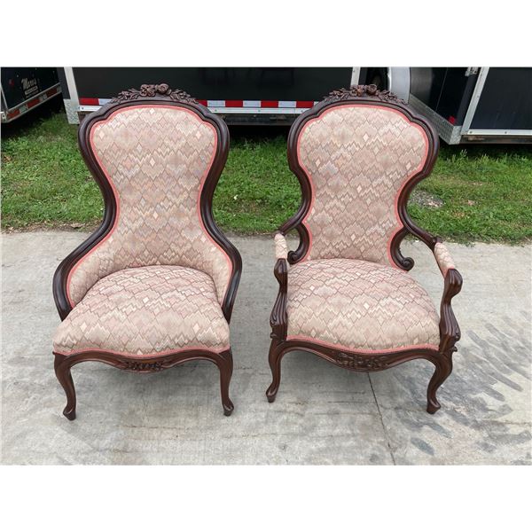 VICTORIAN STYLE GENTLEMAN'S AND LADY'S CARVED WALNUT PARLOR CHAIRS