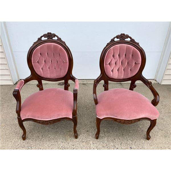 VICTORIAN STYLE GENTLEMAN'S AND LADY'S TUFTED VELVET AND CARVED WOOD PARLOR CHAIRS