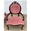 Image 8 : VICTORIAN STYLE GENTLEMAN'S AND LADY'S TUFTED VELVET AND CARVED WOOD PARLOR CHAIRS