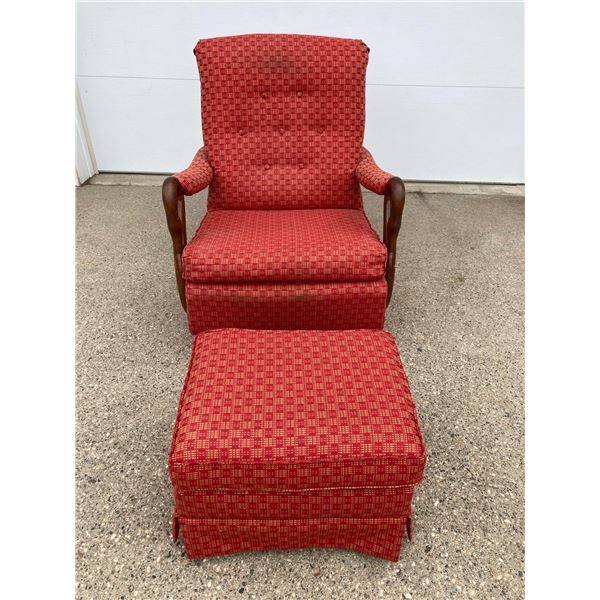 VINTAGE WOODEN SWAN ARM ROCKING CHAIR WITH MID-CENTURY UPHOLSTERY AND MATCHING OTTOMAN