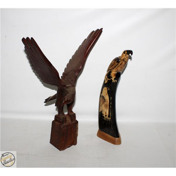 WOOD CARVED EAGLE W/ EAGLE HORN CARVING