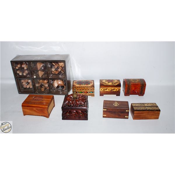 FLAT OF ASSORTED WOODEN TRINKET BOXES W/ SET OF 6
