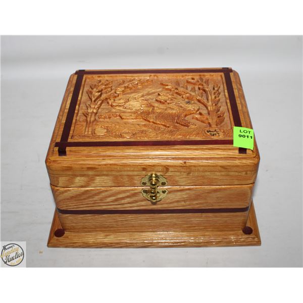 WOOD CARVED JEWELRY BOX W/ COINS & SEA GLASS
