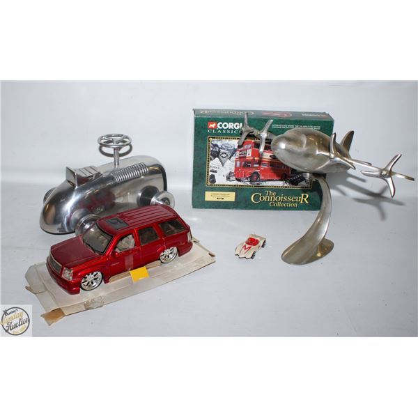 FLAT OF ASSORTED VEHICLE ORNAMENTS, CARS, BUS,