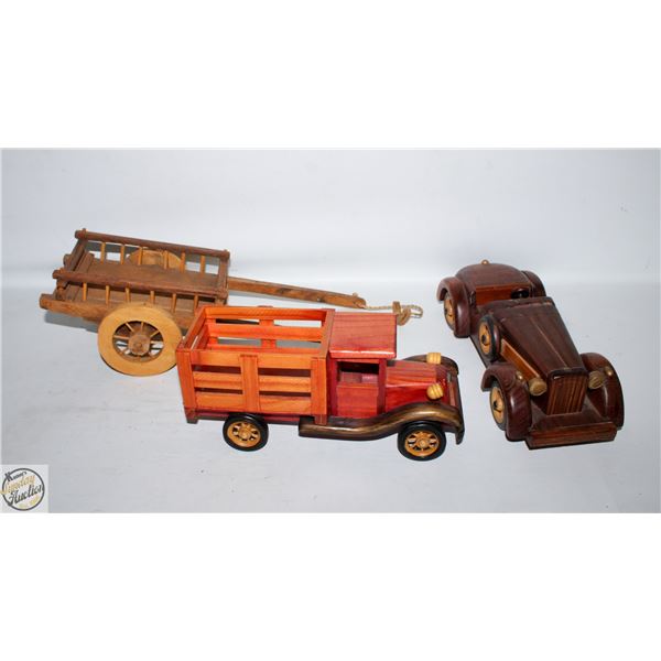 FLAT OF WOODEN VEHICLE MODELS, CAR, TRUCK, HORSE