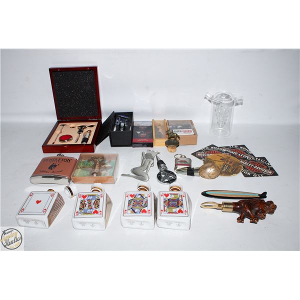 FLAT OF ASSORTED FLASKS, WINESTOPPERS, BOTTLE