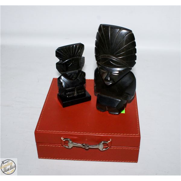 LOT OF 2 BLACK ONYX OBSIDIAN CARVED AZTEC STATUES