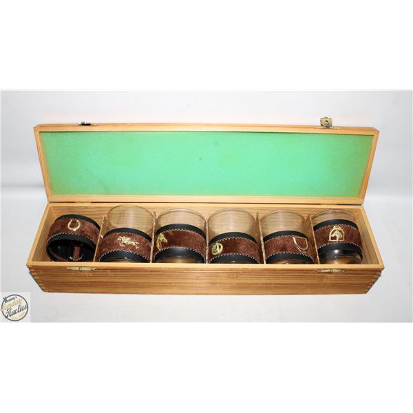 VINTAGE HORSE RACING GLASS SET, MISSING ONE GLASS