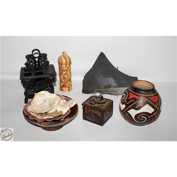 FLAT OF ASSORTED VINTAGE DECOR INCL: STONE CARVED