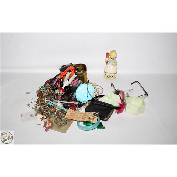 BIN OF ASSORTED JEWELRY & FIGURINES
