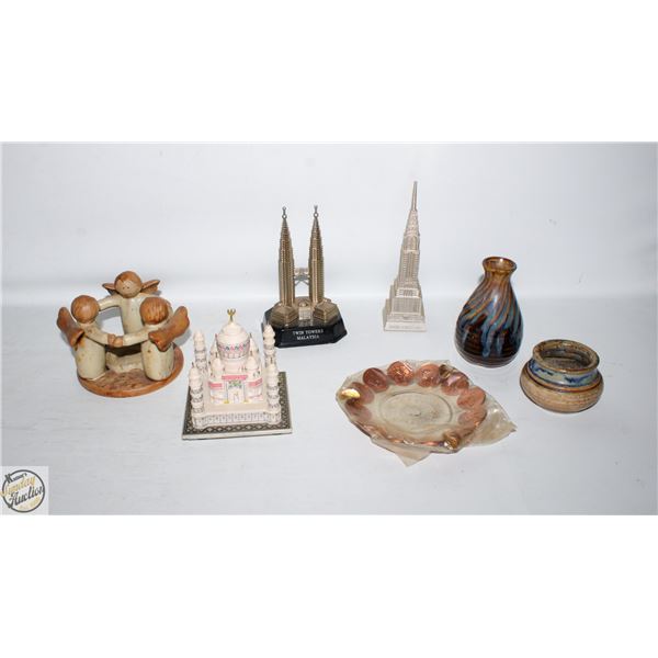 BIN OF ASSORTED ORNAMENTS INCL: MINI BUILDINGS,